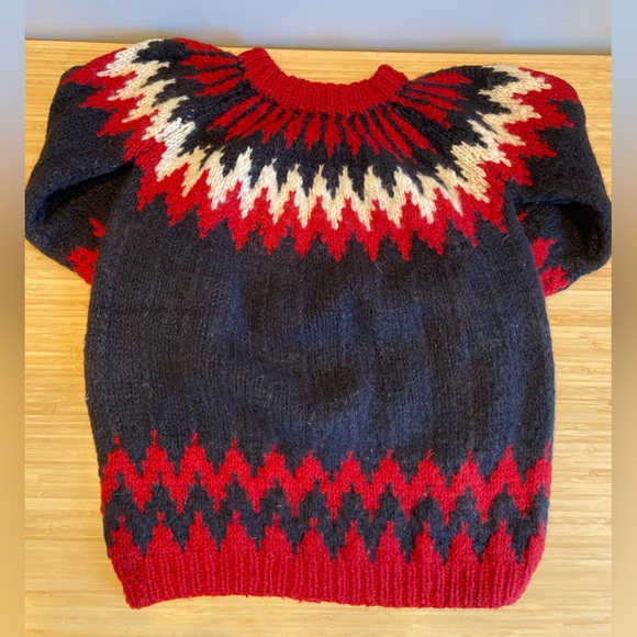 Vintage Hand Knit Chunky Greek Or Icelandic Sweater - Blue & Red - Size M or L - Picture 2 of 4